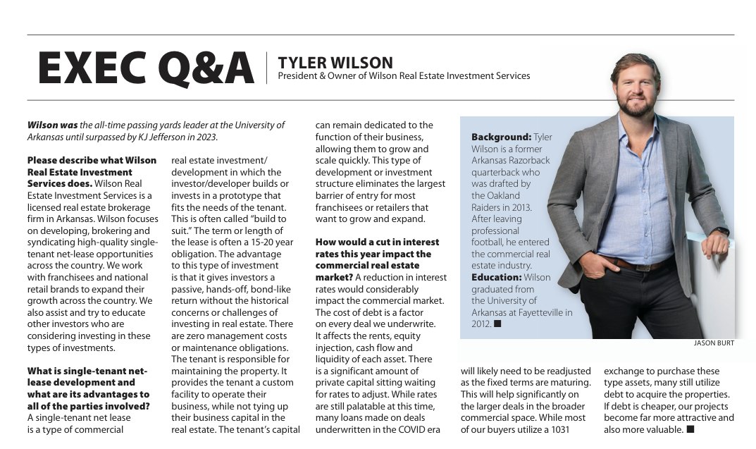 Arkansas Business Executive Q&A page featuring Tyler Wilson, President and Owner of Wilson Real Estate Investment Services